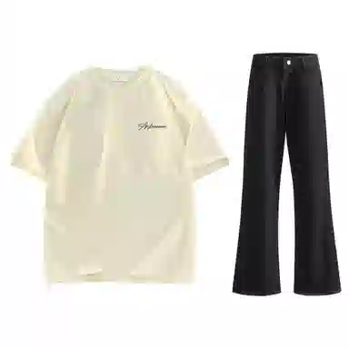 稻草人 美式高街花体字母百搭重磅纯棉宽松落肩短袖中腰水洗做旧垂感微喇叭牛仔裤休闲运动套装 男女同款