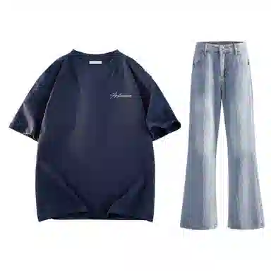 稻草人 美式高街花体字母百搭重磅纯棉宽松落肩短袖中腰水洗做旧垂感微喇叭牛仔裤休闲运动套装 男女同款