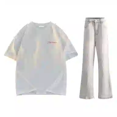 稻草人 美式高街花体字母百搭重磅纯棉宽松落肩短袖中腰水洗做旧垂感微喇叭牛仔裤休闲运动套装 男女同款