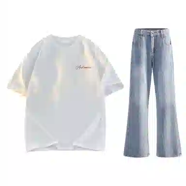 稻草人 美式高街花体字母百搭重磅纯棉宽松落肩短袖中腰水洗做旧垂感微喇叭牛仔裤休闲运动套装 男女同款