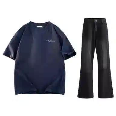 稻草人 美式高街花体字母百搭重磅纯棉宽松落肩短袖中腰水洗做旧垂感微喇叭牛仔裤休闲运动套装 男女同款