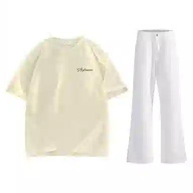 稻草人 美式高街花体字母百搭重磅纯棉宽松落肩短袖中腰水洗做旧垂感微喇叭牛仔裤休闲运动套装 男女同款