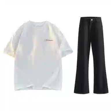 稻草人 美式高街花体字母百搭重磅纯棉宽松落肩短袖中腰水洗做旧垂感微喇叭牛仔裤休闲运动套装 男女同款