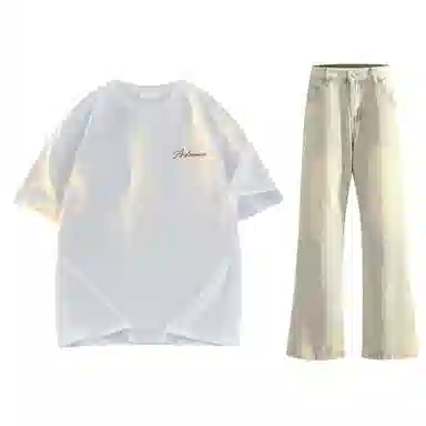 稻草人 美式高街花体字母百搭重磅纯棉宽松落肩短袖中腰水洗做旧垂感微喇叭牛仔裤休闲运动套装 男女同款