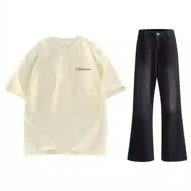 稻草人 美式高街花体字母百搭重磅纯棉宽松落肩短袖中腰水洗做旧垂感微喇叭牛仔裤休闲运动套装 男女同款