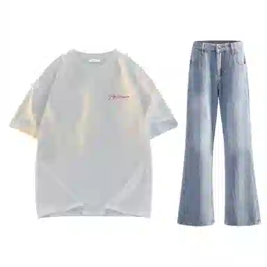 稻草人 美式高街花体字母百搭重磅纯棉宽松落肩短袖中腰水洗做旧垂感微喇叭牛仔裤休闲运动套装 男女同款