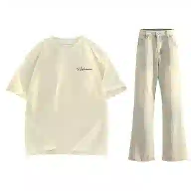 稻草人 美式高街花体字母百搭重磅纯棉宽松落肩短袖中腰水洗做旧垂感微喇叭牛仔裤休闲运动套装 男女同款