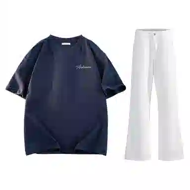 稻草人 美式高街花体字母百搭重磅纯棉宽松落肩短袖中腰水洗做旧垂感微喇叭牛仔裤休闲运动套装 男女同款