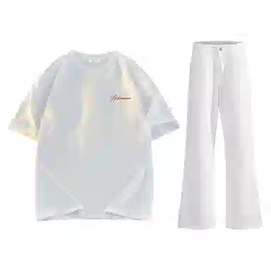 稻草人 美式高街花体字母百搭重磅纯棉宽松落肩短袖中腰水洗做旧垂感微喇叭牛仔裤休闲运动套装 男女同款