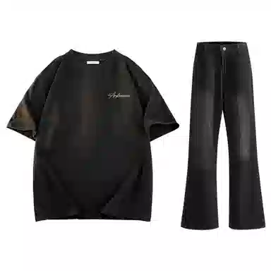 稻草人 美式高街花体字母百搭重磅纯棉宽松落肩短袖中腰水洗做旧垂感微喇叭牛仔裤休闲运动套装 男女同款