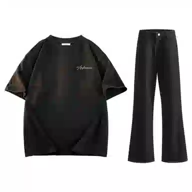 稻草人 美式高街花体字母百搭重磅纯棉宽松落肩短袖中腰水洗做旧垂感微喇叭牛仔裤休闲运动套装 男女同款