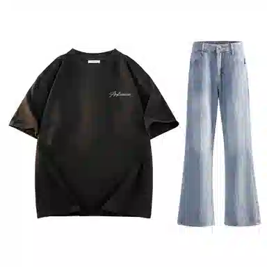 稻草人 美式高街花体字母百搭重磅纯棉宽松落肩短袖中腰水洗做旧垂感微喇叭牛仔裤休闲运动套装 男女同款