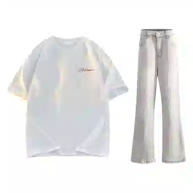 稻草人 美式高街花体字母百搭重磅纯棉宽松落肩短袖中腰水洗做旧垂感微喇叭牛仔裤休闲运动套装 男女同款