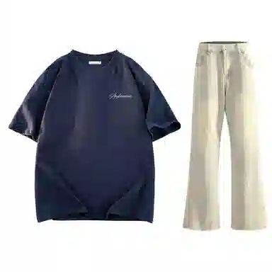 稻草人 美式高街花体字母百搭重磅纯棉宽松落肩短袖中腰水洗做旧垂感微喇叭牛仔裤休闲运动套装 男女同款