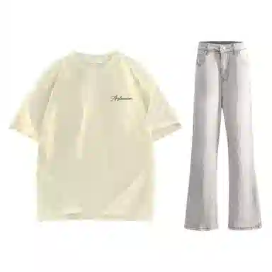 稻草人 美式高街花体字母百搭重磅纯棉宽松落肩短袖中腰水洗做旧垂感微喇叭牛仔裤休闲运动套装 男女同款