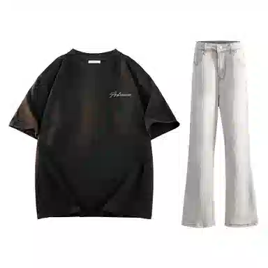 稻草人 美式高街花体字母百搭重磅纯棉宽松落肩短袖中腰水洗做旧垂感微喇叭牛仔裤休闲运动套装 男女同款