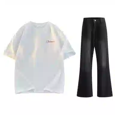 稻草人 美式高街花体字母百搭重磅纯棉宽松落肩短袖中腰水洗做旧垂感微喇叭牛仔裤休闲运动套装 男女同款