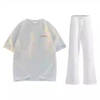 稻草人 美式高街花体字母百搭重磅纯棉宽松落肩短袖中腰水洗做旧垂感微喇叭牛仔裤休闲运动套装 男女同款