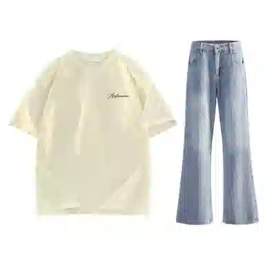 稻草人 美式高街花体字母百搭重磅纯棉宽松落肩短袖中腰水洗做旧垂感微喇叭牛仔裤休闲运动套装 男女同款