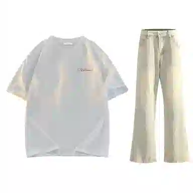 稻草人 美式高街花体字母百搭重磅纯棉宽松落肩短袖中腰水洗做旧垂感微喇叭牛仔裤休闲运动套装 男女同款