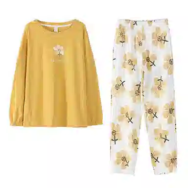 歌倩雅 简约亲肤舒适圆领套头长袖韩版甜美可外穿长裤睡衣套装 女 图片色