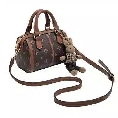 老人头 时尚百搭通勤复古印花手提小包圆筒型 合成革 波士顿枕头斜挎包单肩包 女 啡色