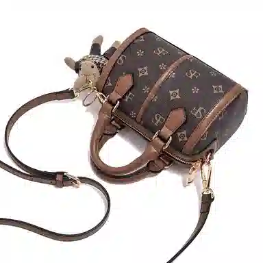 老人头 时尚百搭通勤复古印花手提小包圆筒型 合成革 波士顿枕头斜挎包单肩包 女 啡色