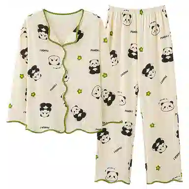 莫代尔 柔软亲肤卡通熊满印时尚长袖长裤开衫翻领家居服可外穿睡衣套装 女款 杏色