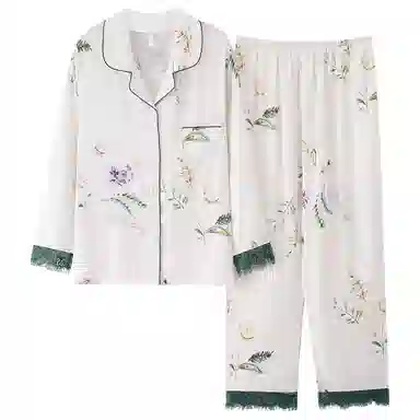 莫代尔 时尚舒适柔软亲肤长袖长裤翻领韩版甜美轻盈时尚家居服可外穿耐磨睡衣套装 女款 白色