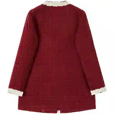 她池 圆领单排扣中长款蕾丝拼接夹克外套 女 红色