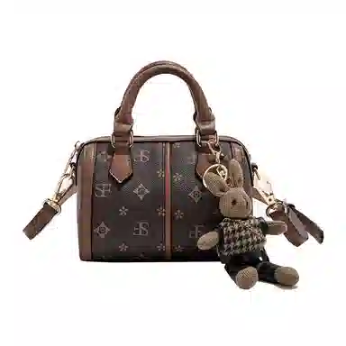 老人头 时尚百搭通勤复古印花手提小包圆筒型 合成革 波士顿枕头斜挎包单肩包 女 啡色