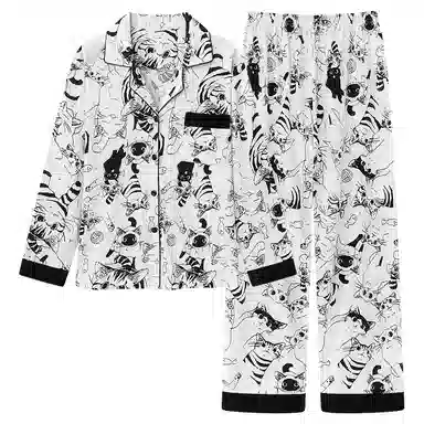 莫代尔 简约卡通满印甜美时尚亲肤舒适开衫翻领长袖可外穿休闲长裤睡衣套装 女款 杏色