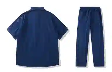 我是大卫 美式复古牛仔短袖上衣重工车线拼接水洗工装长裤衬衫套装 通用 蓝色