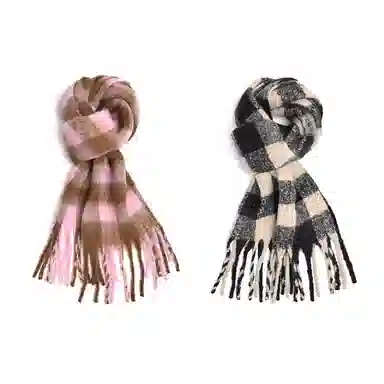 浪莎 超级氛围感马海毛流苏韩系加厚保暖格子仿羊绒 绒线围巾 通用