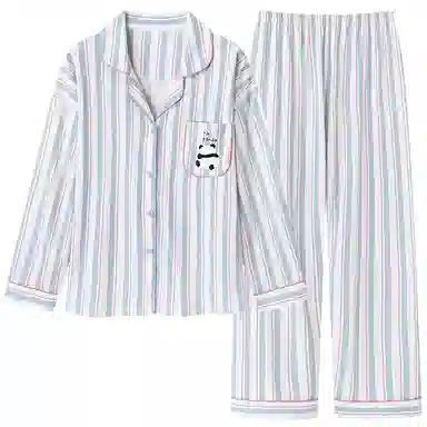 莫代尔 简约条纹满印甜美时尚亲肤舒适长袖长裤开衫翻领家居服可外穿睡衣套装 女款 粉蓝色