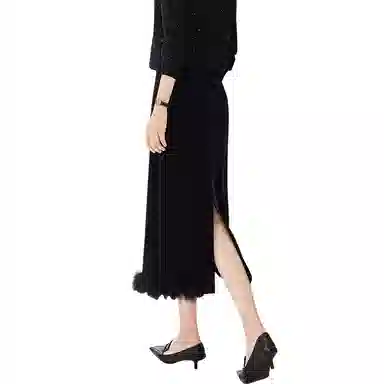 她池 纯色修身简约中长款休闲长裙 女款 黑色