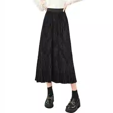 她池 纯色百褶宽松休闲长裙 女款 黑色