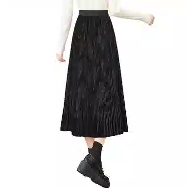 她池 纯色百褶宽松休闲长裙 女款 黑色