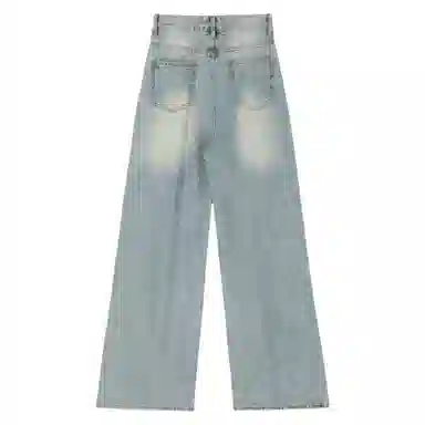莫代尔 高街水洗破洞宽松阔腿长裤牛仔裤 女款 复古蓝