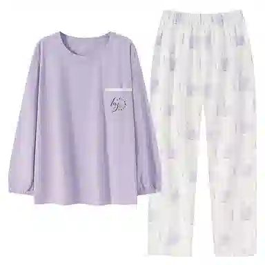 莫代尔 字母印花口袋圆领上衣亲肤柔软透气长裤睡衣套装 女款 淡紫色