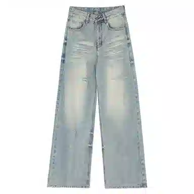 莫代尔 高街水洗破洞宽松阔腿长裤牛仔裤 女款 复古蓝