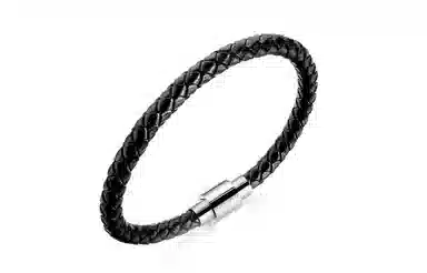 若觅 黑丝皮革扭绳编织 生 低调简约内敛 人造皮革，钛钢 手环 男款
