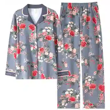 莫代尔 花卉满印翻领开衫长袖长裤亲肤舒适可外穿睡衣套装 女款 雾蓝色