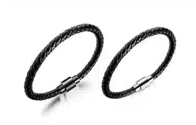 若觅 黑丝皮革扭绳编织 生 低调简约内敛 人造皮革，钛钢 手环 男款