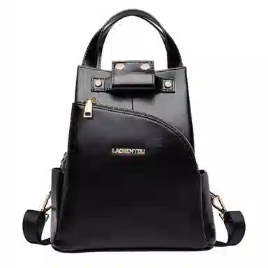 老人头 防盗耐用油蜡皮中年妈妈款实用通勤旅行上班书包旅游 牛皮拼超纤 双肩包背包 女款 黑色