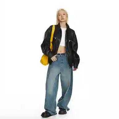 美式复古机车风宽松翻领夹克设计皮衣 男女同款