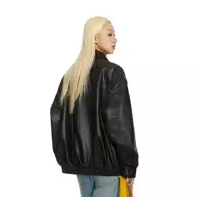 美式复古机车风宽松翻领夹克设计皮衣 男女同款