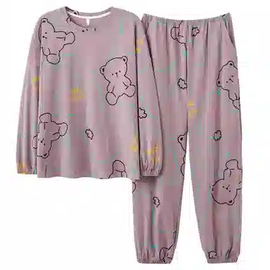 莫代尔 圆领简约舒适字母长袖上衣松紧腰长裤睡衣套装 女款 灰紫色