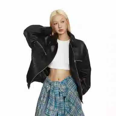 美式复古机车风宽松翻领夹克设计皮衣 男女同款