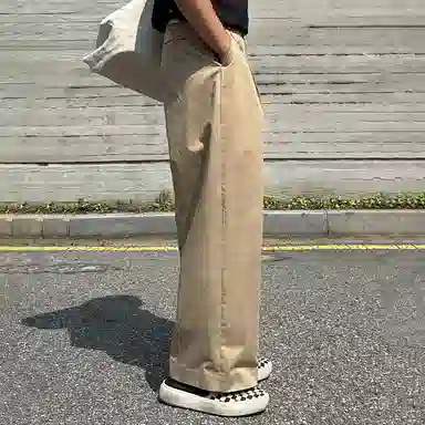 我是大卫 韩版单褶皱直筒百搭设计宽松休闲裤 男女同款 卡其色